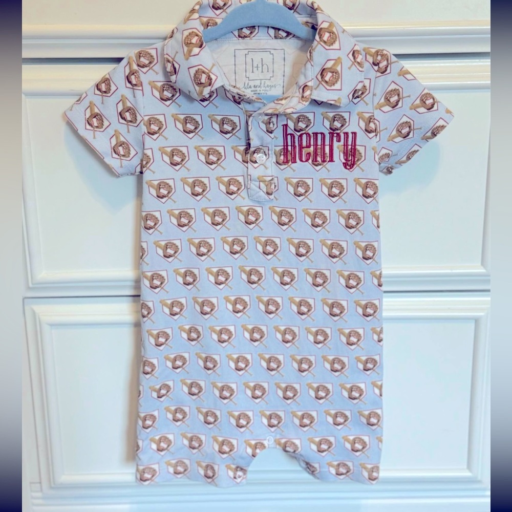HENRY monogrammed Lila and Hayes Boys Baseball Romper 12-18 months